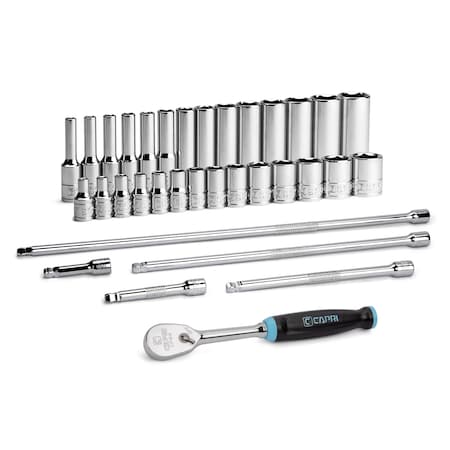 Capri Tools 1/4 in. Drive Master 6-Point Chrome Socket Set, 4 to 15 mm, with Extension and Ratchet, 34-Piece CP12110-34M-SET